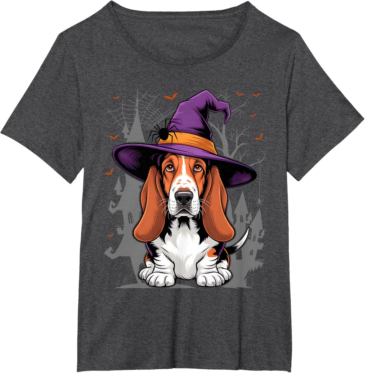 Basset Hound Witch Hat Funny Halloween Dog Lover T-Shirt - Dark Heather Grey