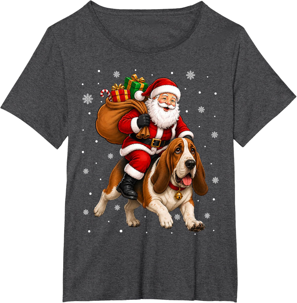 Festive Holiday Fun Santa Riding Basset Hound Dog Christmas T-Shirt - Dark Heather Grey