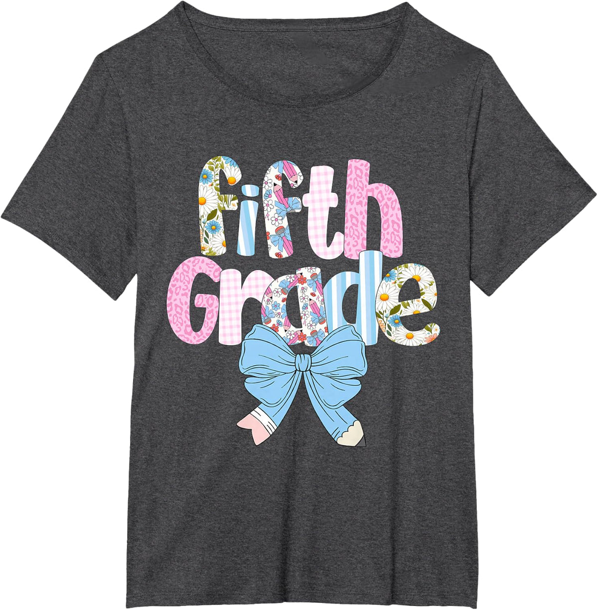 Preppy Fifth Grade Teacher Blue Floral Coquette Pencil Bow T-Shirt - Dark Heather Grey