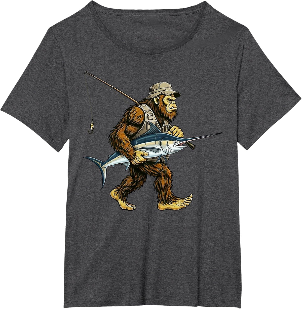 Swordfish Bigfoot Fisherman Saltwater Fishing Sasquatch T-Shirt - Dark Heather Grey