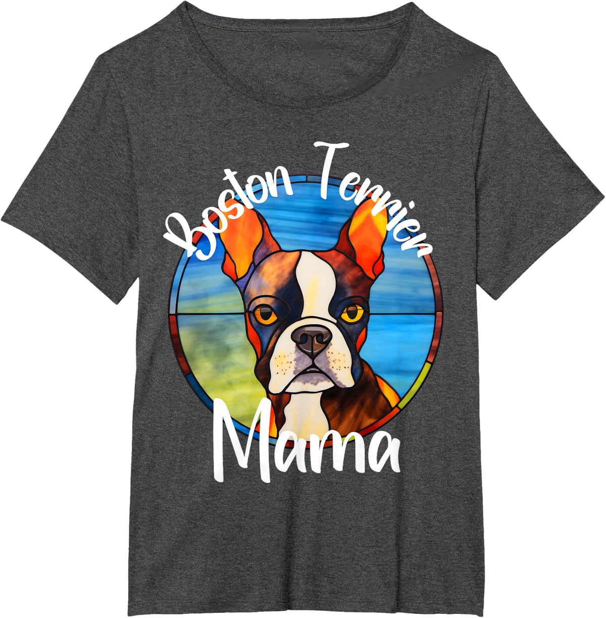 Boston Terrier Mama Stained Glass Canine Portrait T-Shirt - Dark Heather Grey