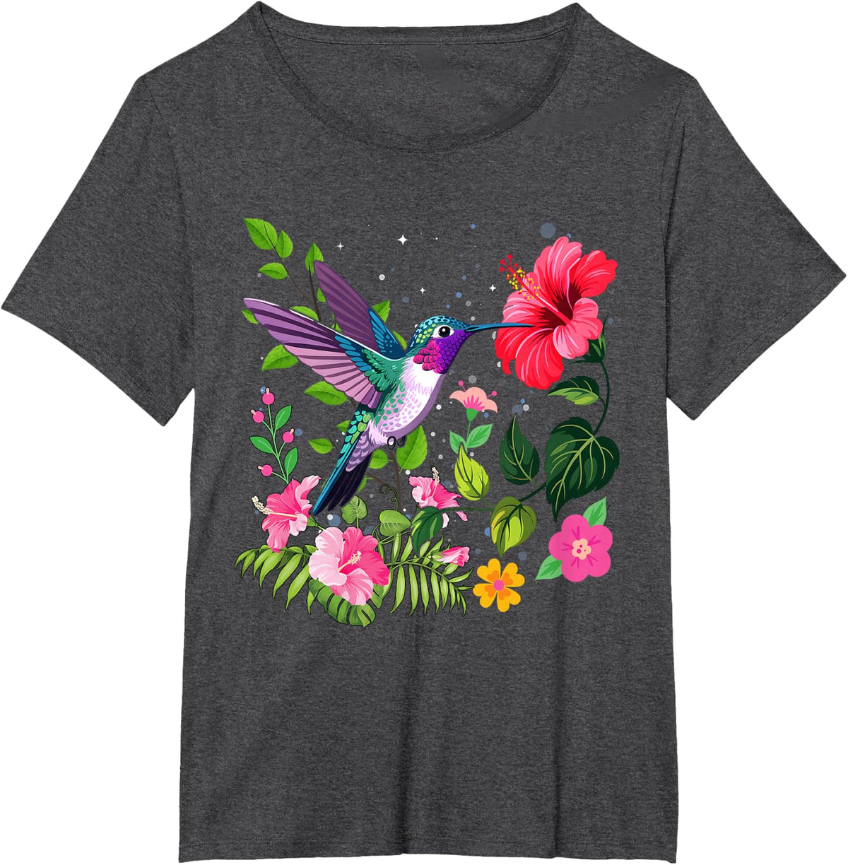 Colorful Cute Hummingbird Flower Nature Art Bird Lovers T-Shirt - Dark Heather Grey