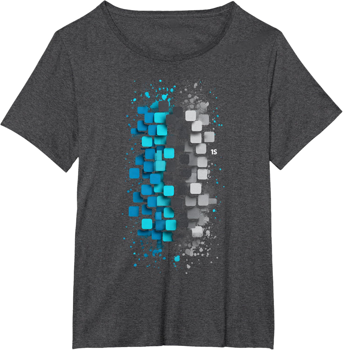 Blue and Gray Vaporwave Pixel Mosaic Urban Pattern Graphic T-Shirt - Dark Heather Grey