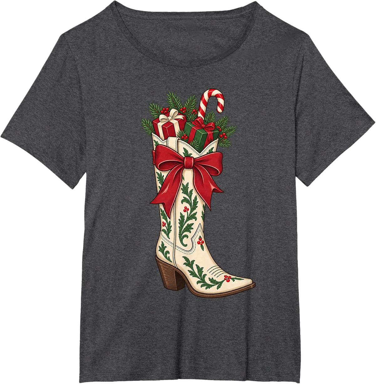 Cowgirl Christmas Boot Stocking Candy Canes Bow T-Shirt - Dark Heather Grey