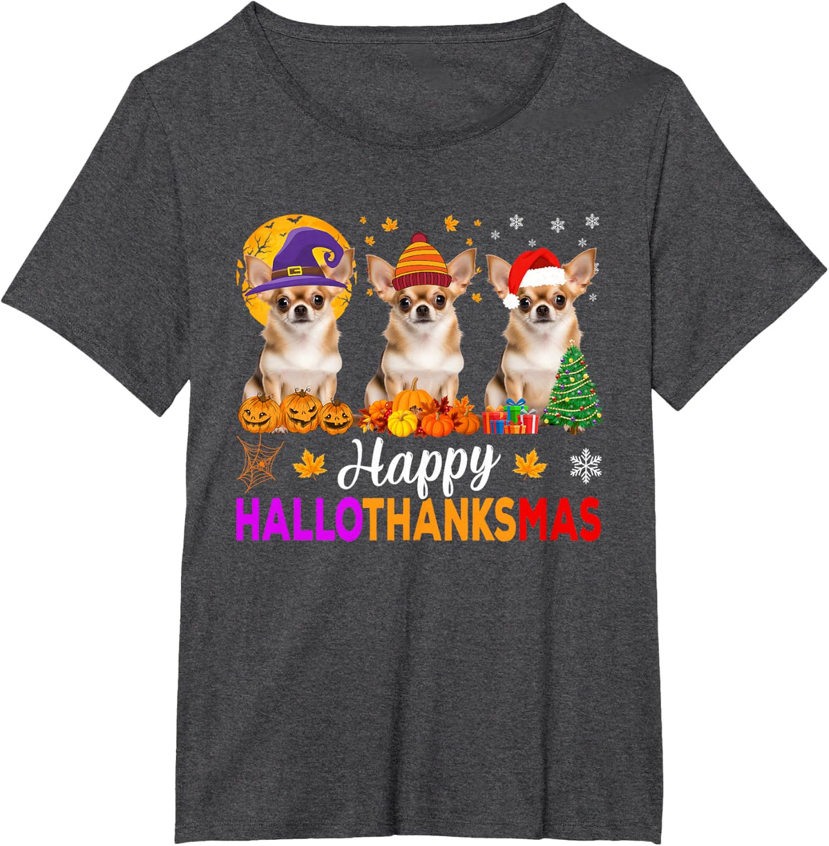 Chihuahua Dog Halloween Christmas Hallothanksmas T-Shirt - Dark Heather Grey