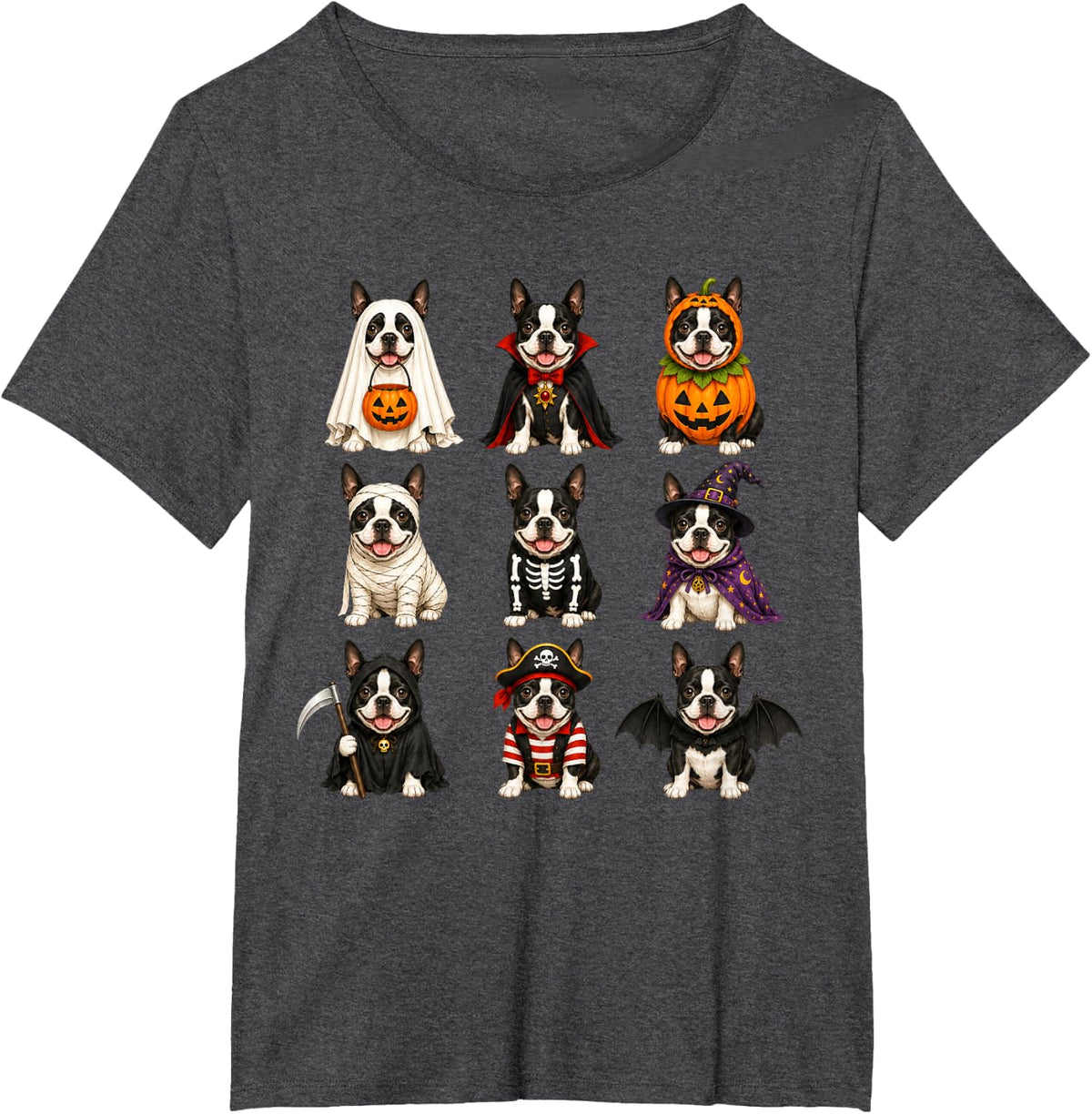 Halloween Boston Terrier Squad Pumpkin Vampire Mummy Witch T-Shirt - Dark Heather Grey