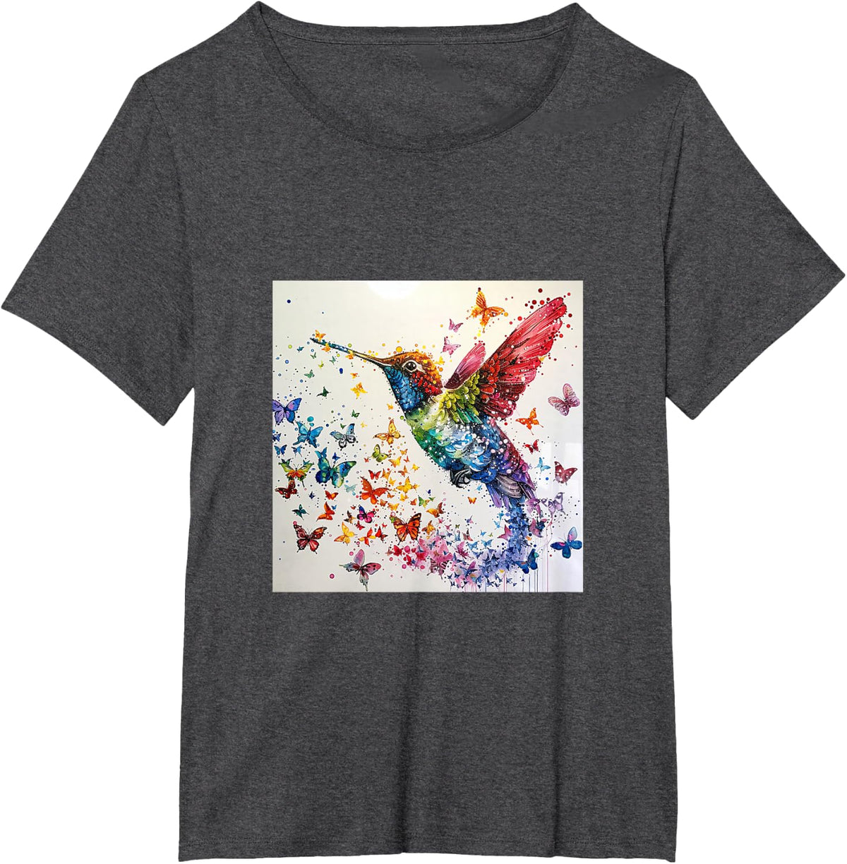 Hummingbird Watercolor with Butterflys T-Shirt - Dark Heather Grey