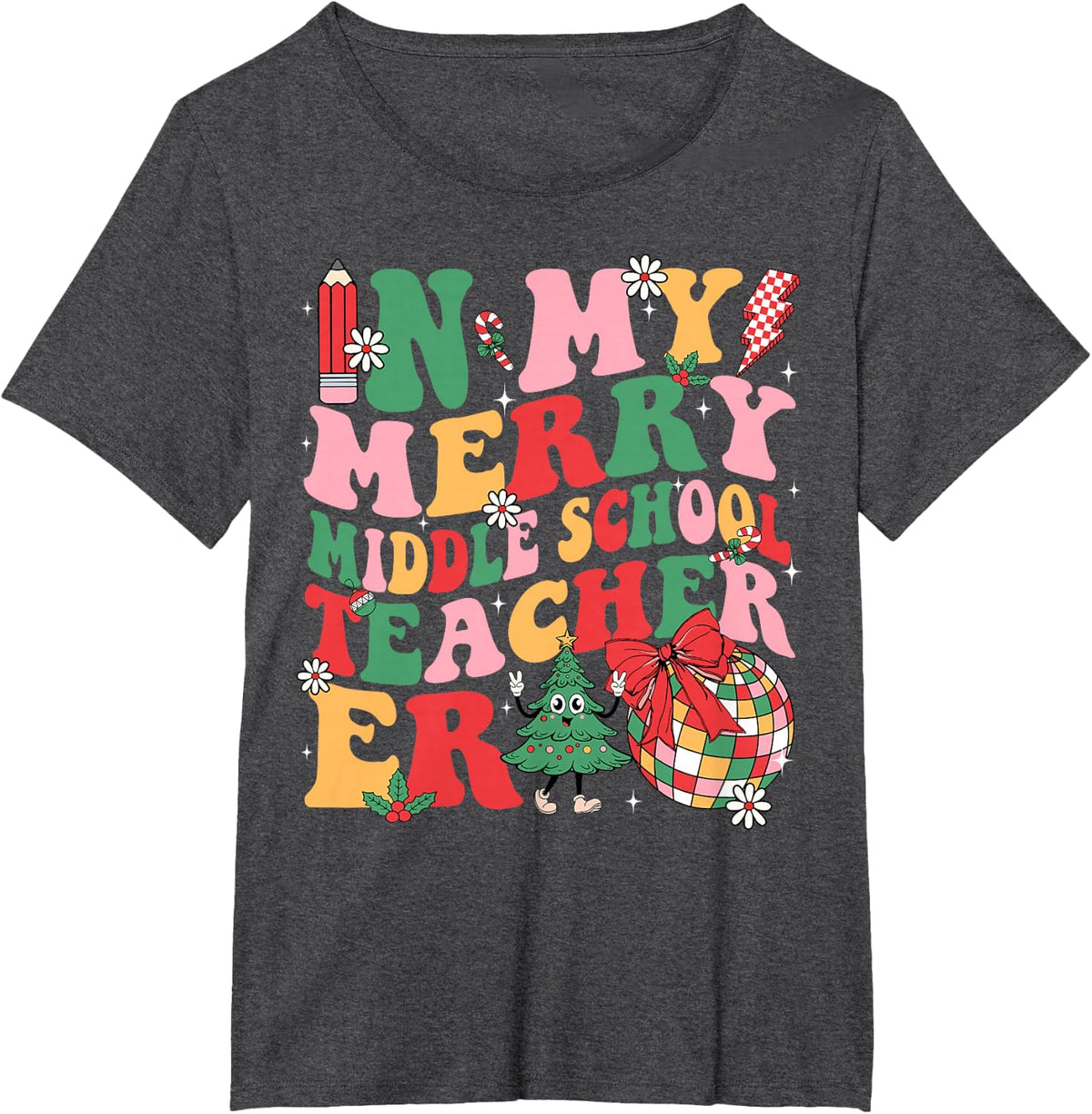 In My Merry Middle School Era Retro Teacher Christmas T-Shirt - Dark Heather Grey