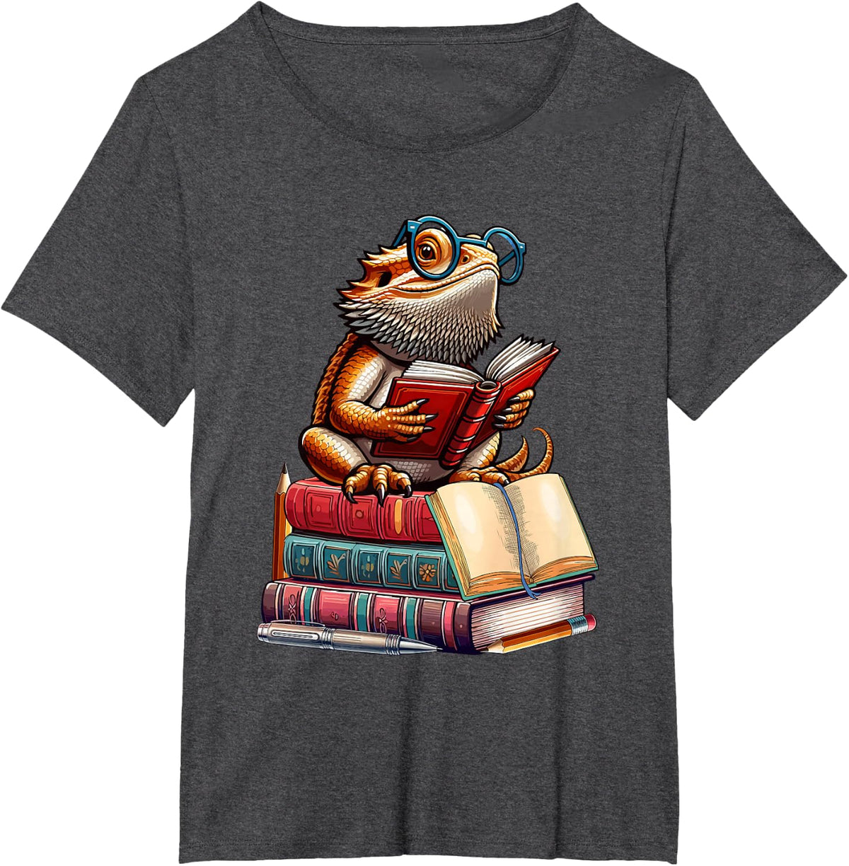 Bearded Dragon Reading Books Matching Bookworm Librarian T-Shirt - Dark Heather Grey