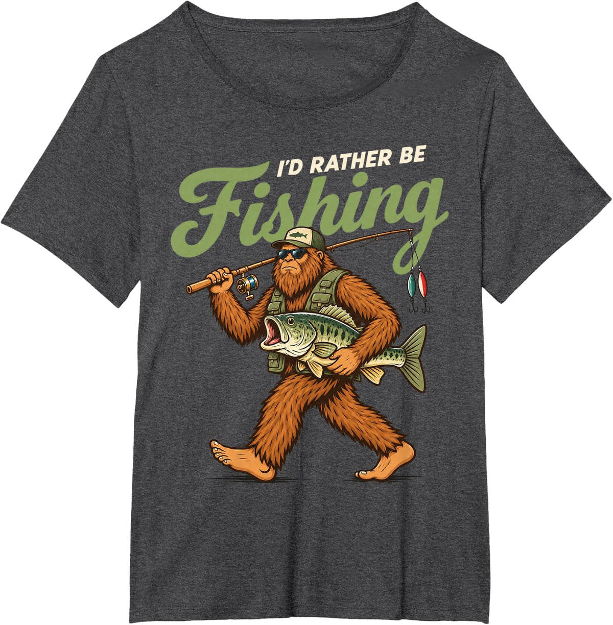 I'd Rather Be Fishing Bigfoot Fisherman Funny Angler Fish T-Shirt - Dark Heather Grey
