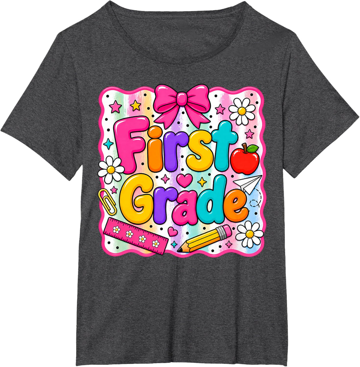 First Grade Teacher Shirt for Women Coquette 1st Grade Tees T Shirts Girls Back to School - Dark Heather Grey