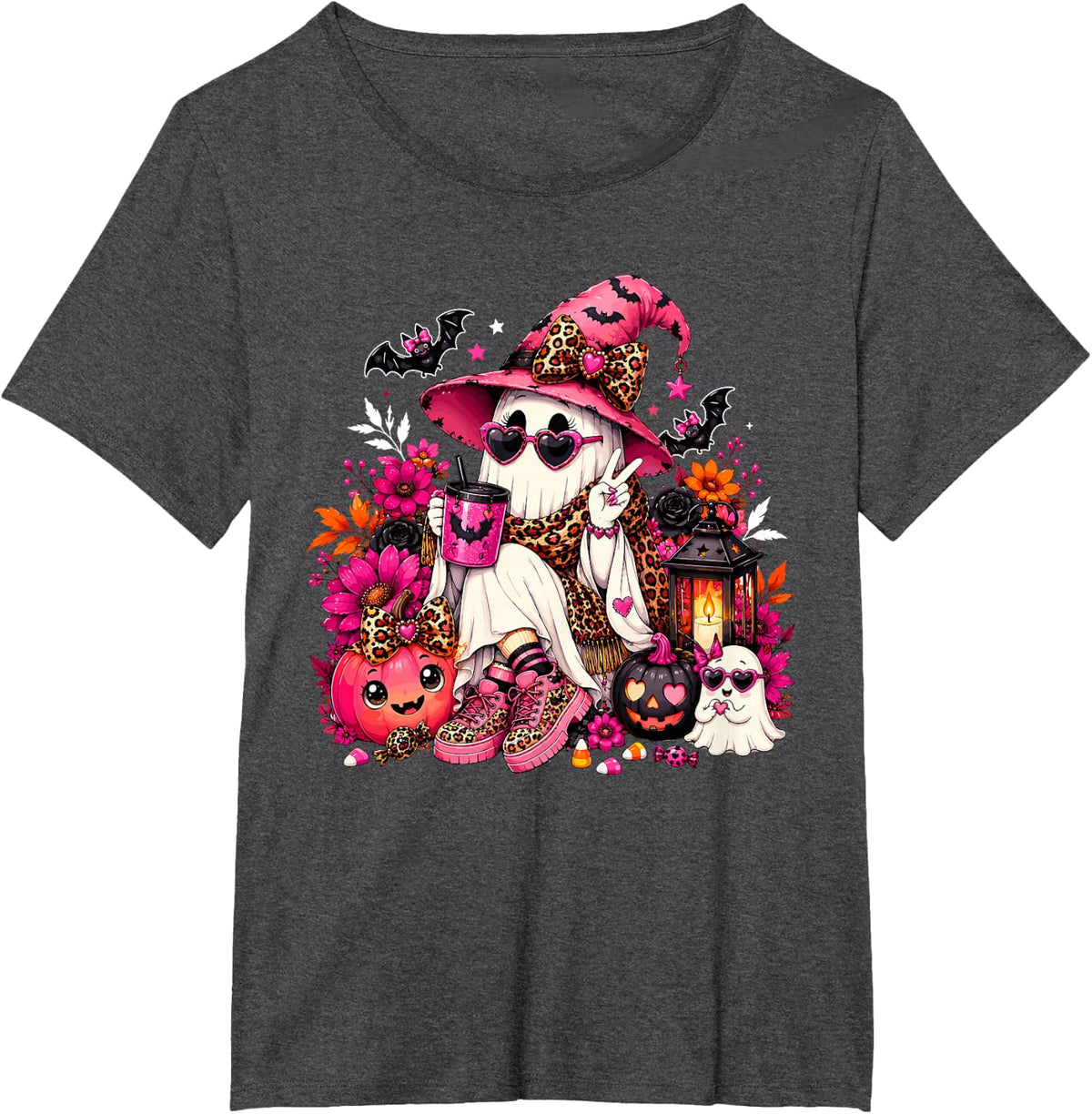 Coquette Pink Ghost Witch Hat Pumpkin Spooky Season Girly T-Shirt - Dark Heather Grey