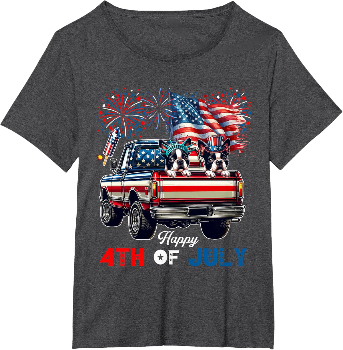 4th Of July Two Cute Boston Terriers On Pickup Truck Flag T-Shirt - Dark Heather Grey