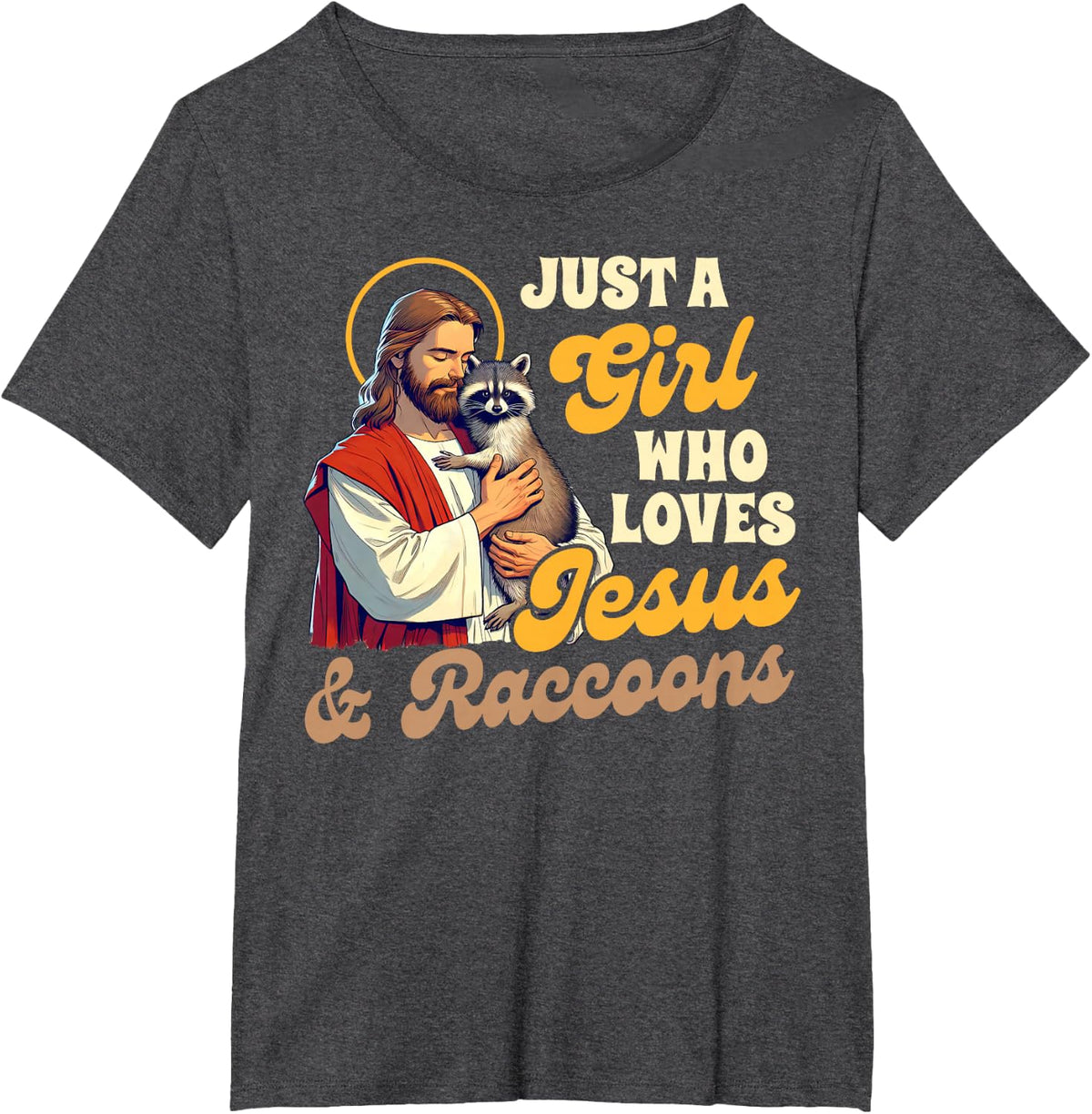 Christian Racoon Trash Panda A Girl Loves Jesus & Raccoons T-Shirt - Dark Heather Grey