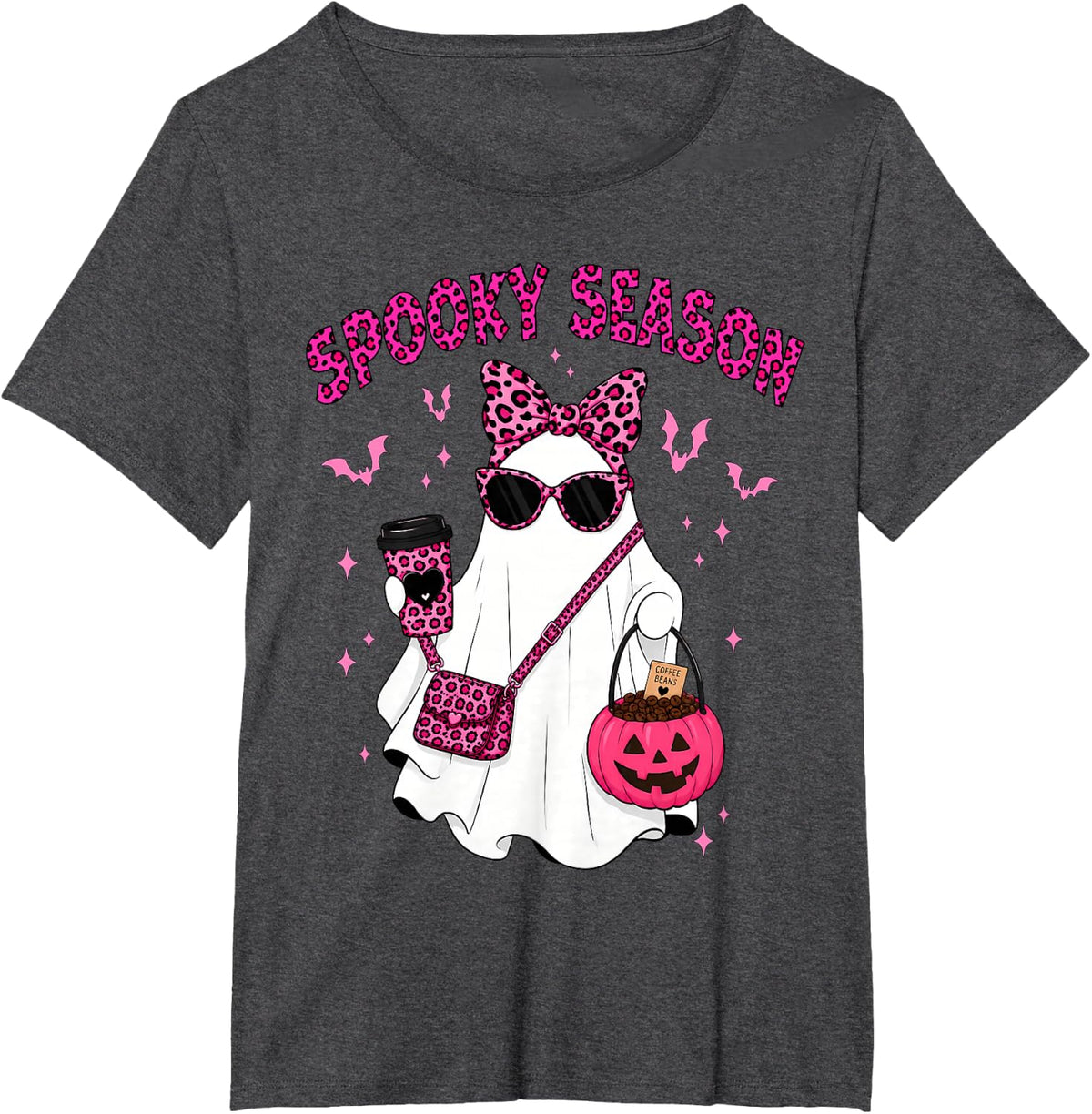 Coquette Leopard Ghost Coffee Spooky Season Halloween Boujee T-Shirt - Dark Heather Grey