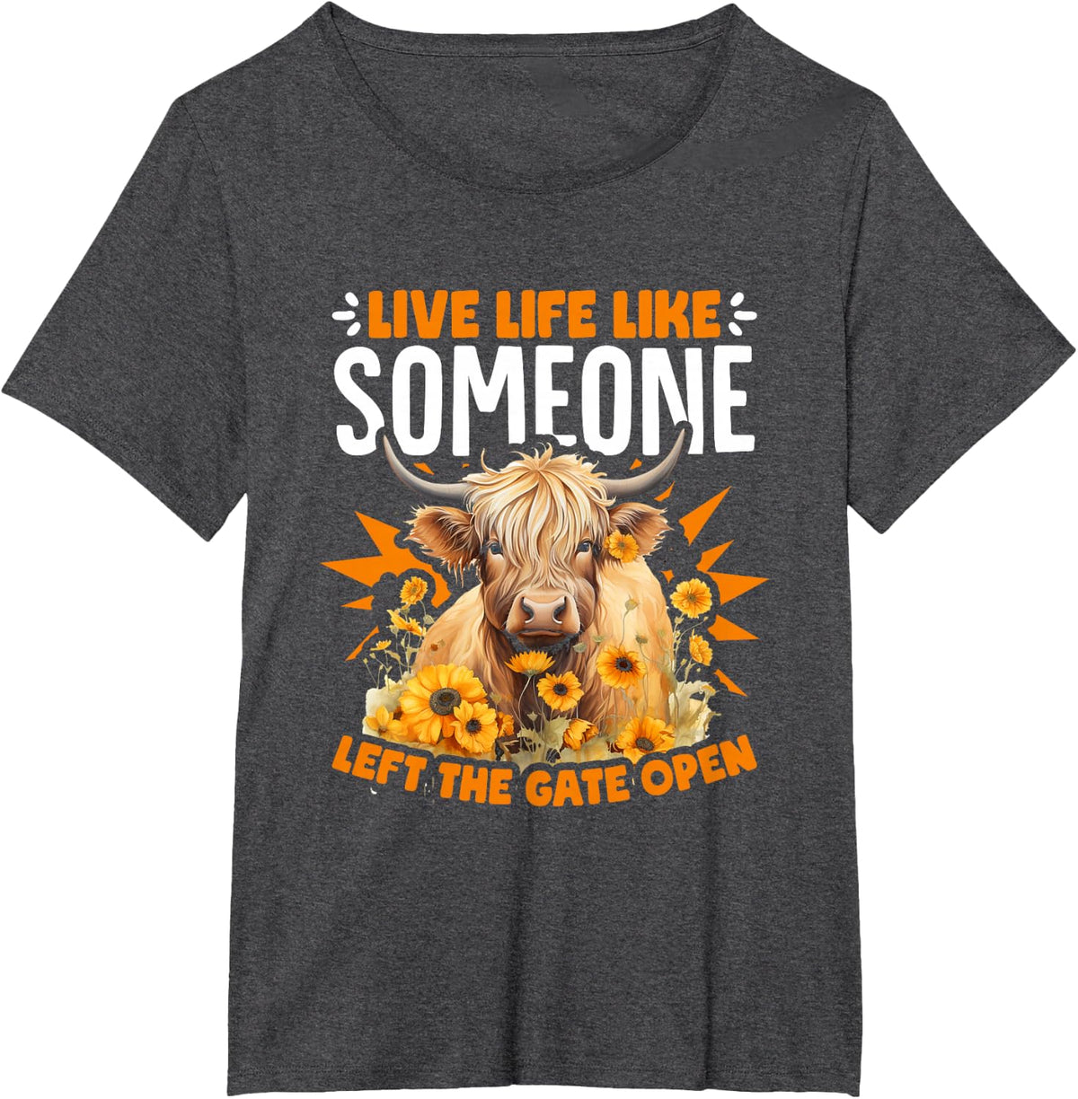 Live Life Cute Farm Cows Cattle Scottish Highland Cow T-Shirt - Dark Heather Grey
