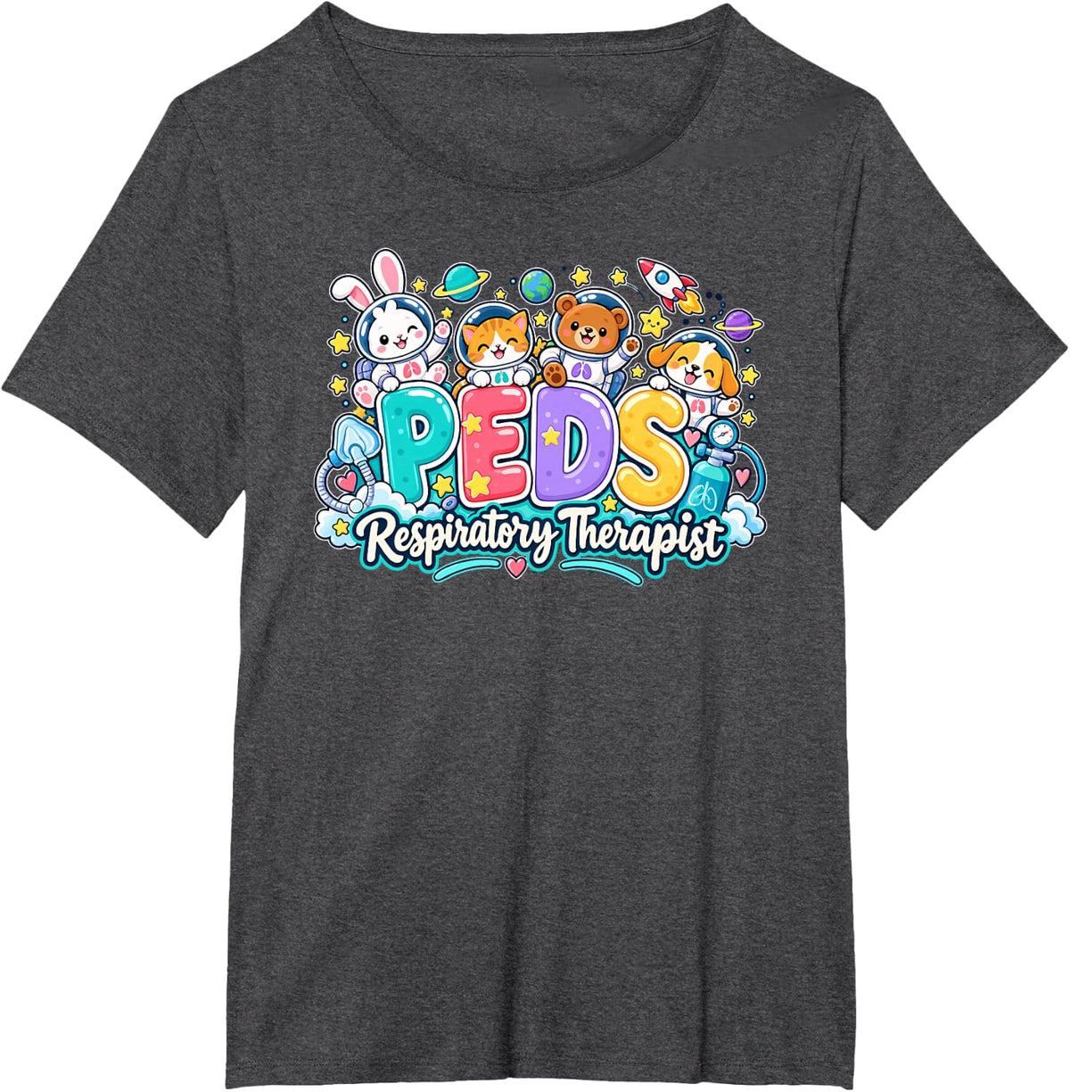 PEDS Respiratory Therapist Cute Space Animals Healthcare RT T-Shirt - Dark Heather Grey