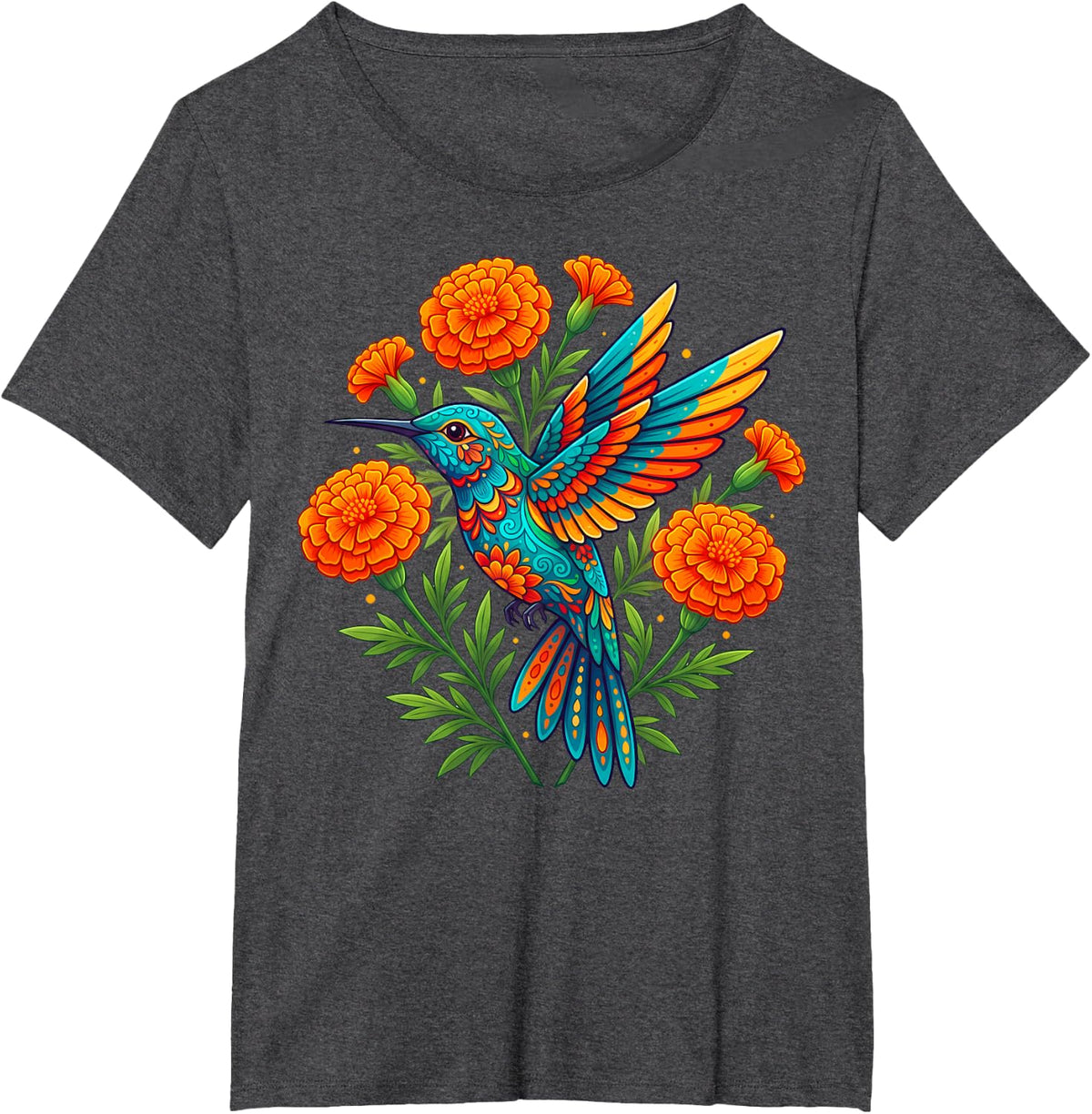 Mexican Folk Art Hummingbird Flower Bird Lover Nature T-Shirt - Dark Heather Grey