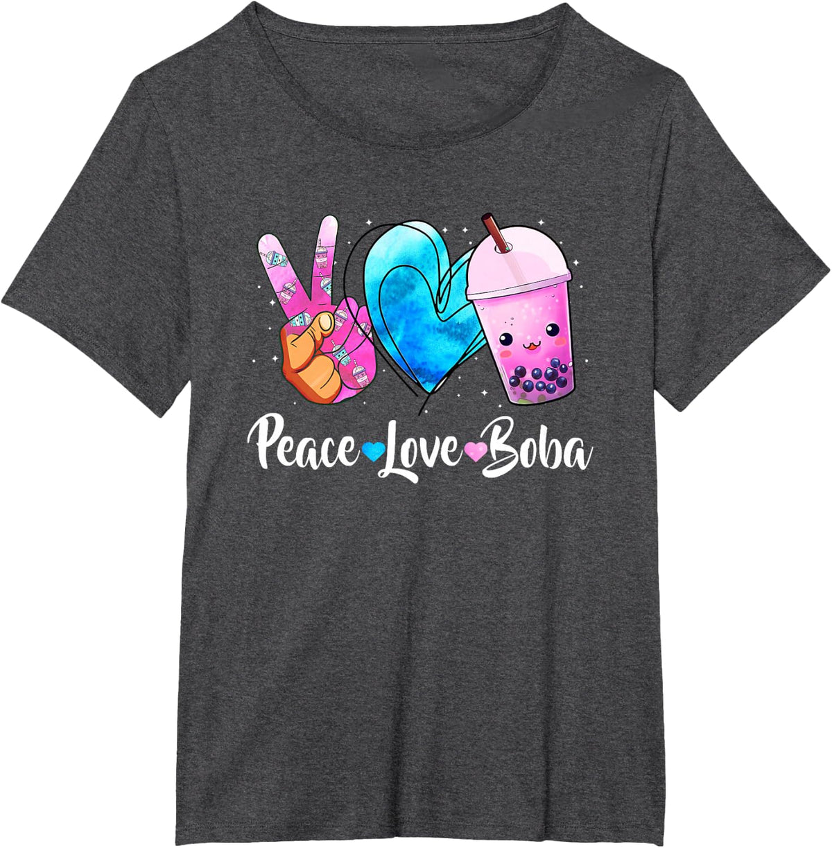 Peace Love Boba Bubble Tea Cute T-Shirt For Teen Girls Kawaii Japanese Tees - Dark Heather Grey