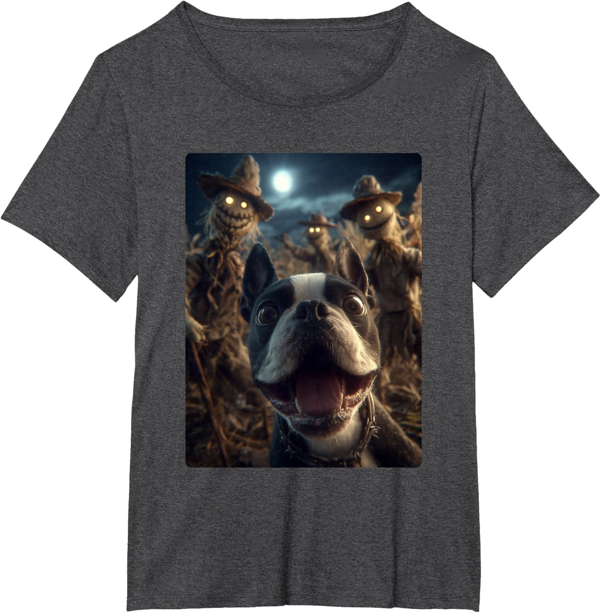 Boston Terrier Selfie with Scarecrows Spooky Halloween Dog T-Shirt - Dark Heather Grey