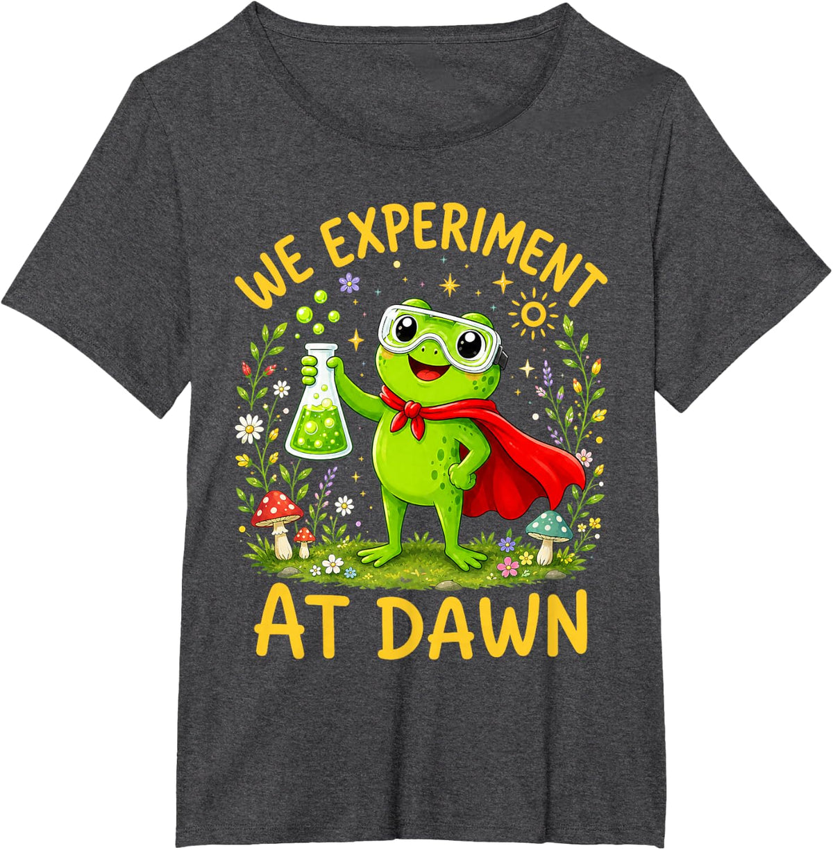 We Experiment At Dawn Funny Frog Lab Scientist Chemist T-Shirt - Dark Heather Grey