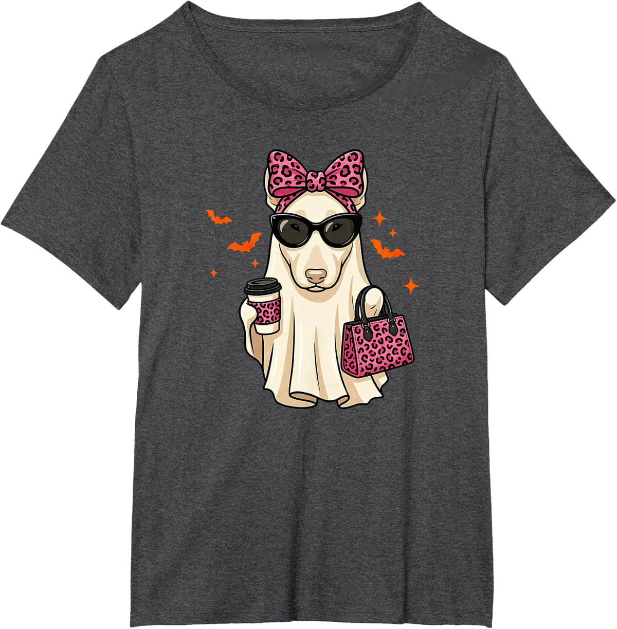Funny Bull Terrier Ghost Boo Leopard Halloween Womens Kids T-Shirt - Dark Heather Grey