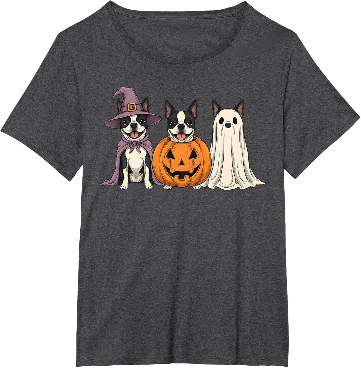 Spooky Ghost Boston Terrier Pumpkin Halloween Dog Lover T-Shirt - Dark Heather Grey