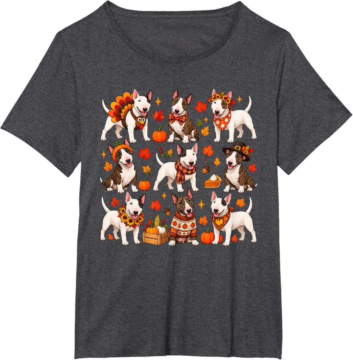 Cute Bull Terrier Dog Turkey Thanksgiving Fall Autumn T-Shirt - Dark Heather Grey