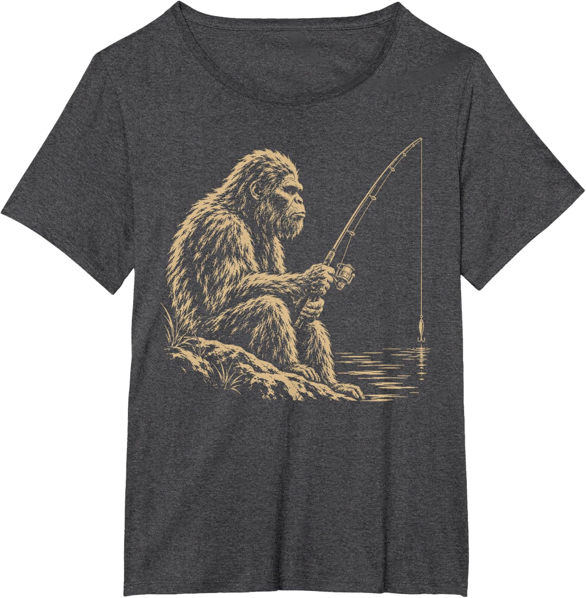 Bigfoot Fishing with Rod Funny Fisherman Angler Sasquatch T-Shirt - Dark Heather Grey