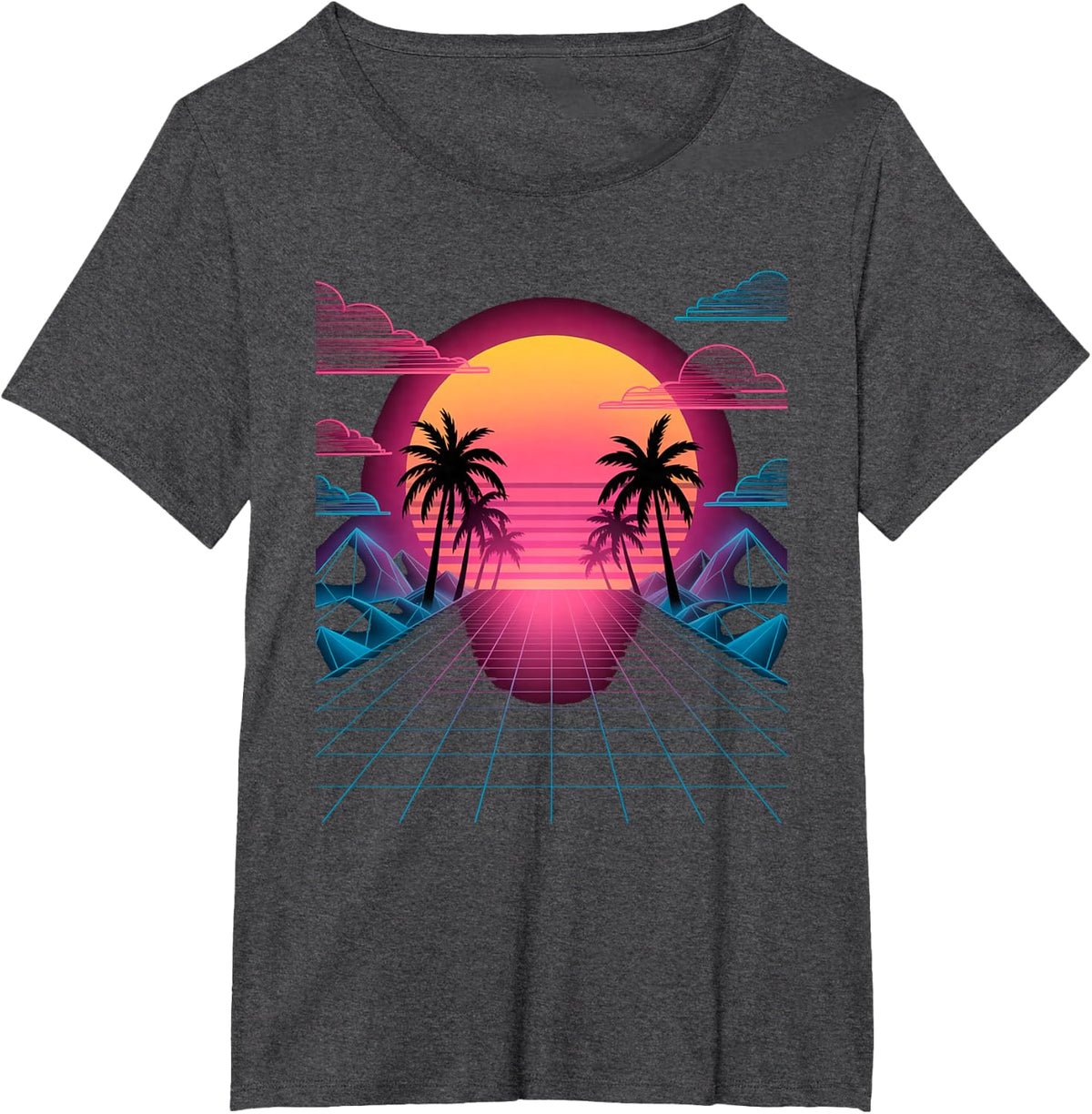 Vaporwave Sunset Grid Retro Digital Landscape in Synthwave T-Shirt - Dark Heather Grey