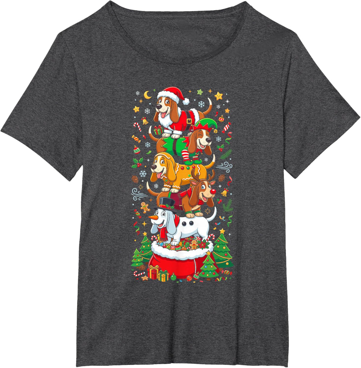 Funny Christmas Basset Hound Santa Elf Snowman Womens Mens T-Shirt - Dark Heather Grey