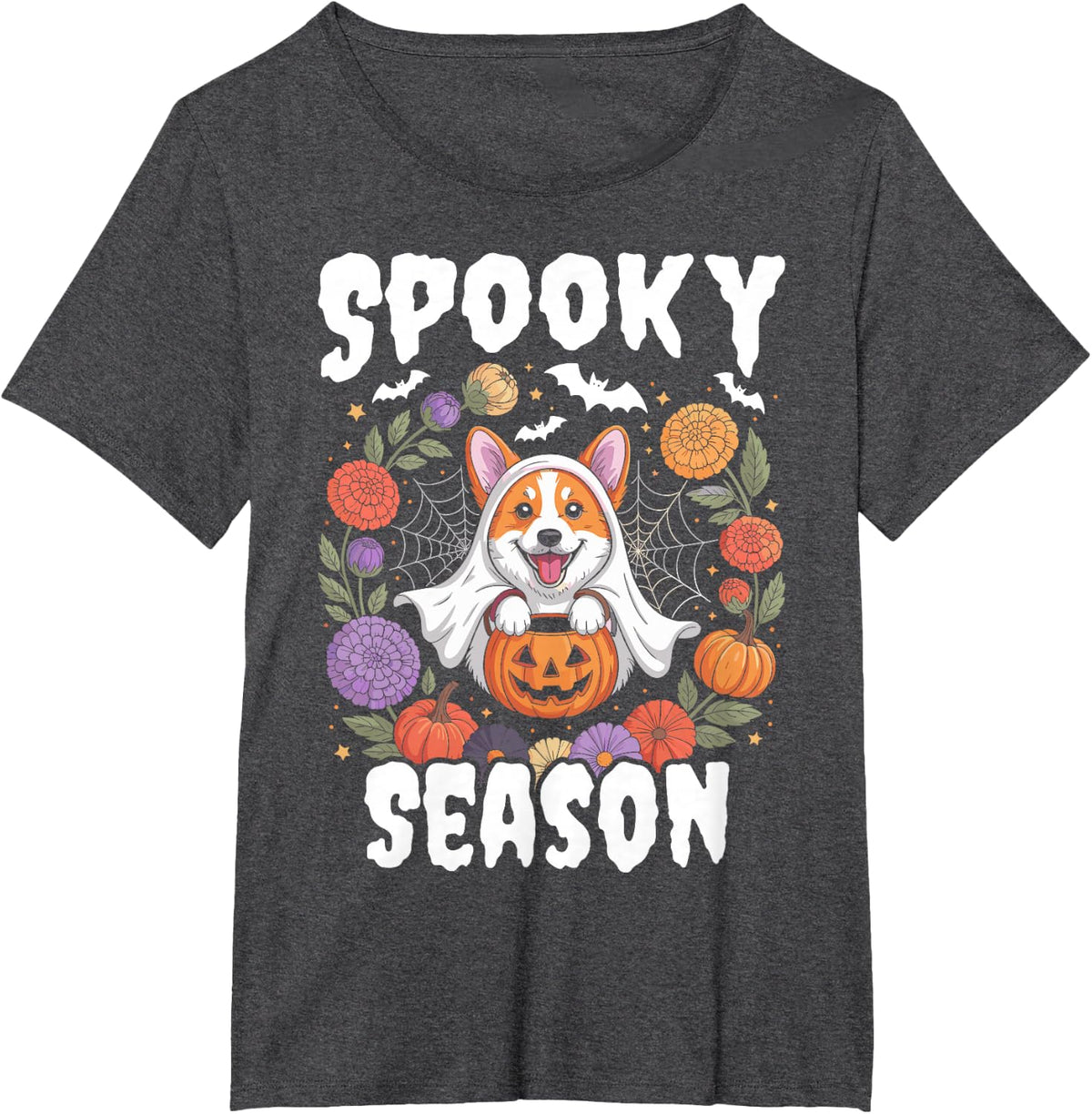 Spooky Season Corgi Dog Ghost Pumpkin Halloween T-Shirt - Dark Heather Grey