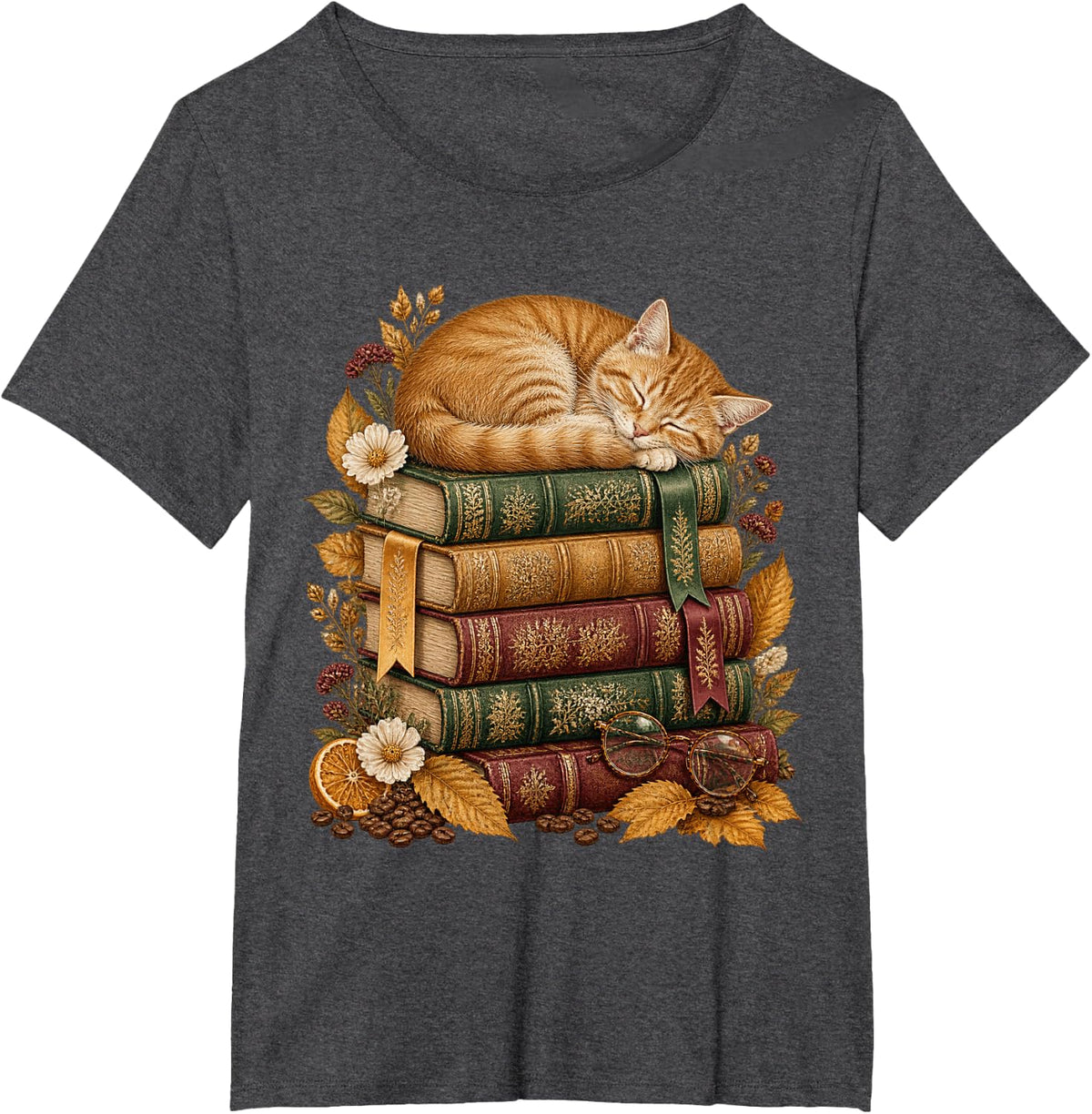 Sleeping Ginger Cat Napping Vintage Books Autumn Reader Joy T-Shirt - Dark Heather Grey