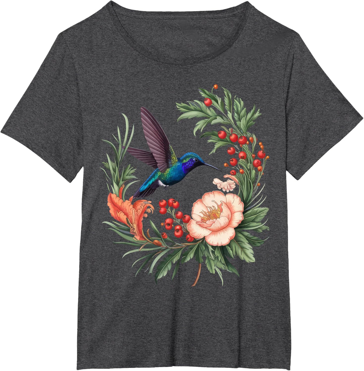 Hummingbird Floral Flower Botanist Hummingbird T-Shirt - Dark Heather Grey