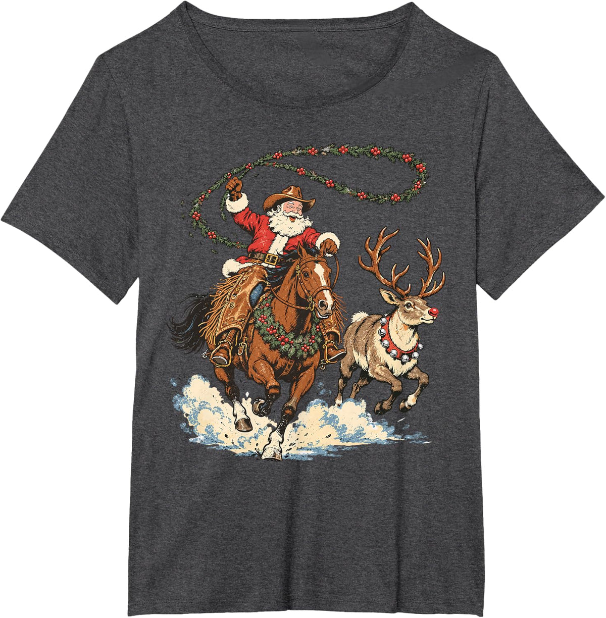 Vintage Cowboy Santa Western Christmas Santa On Horse Xmas T-Shirt - Dark Heather Grey
