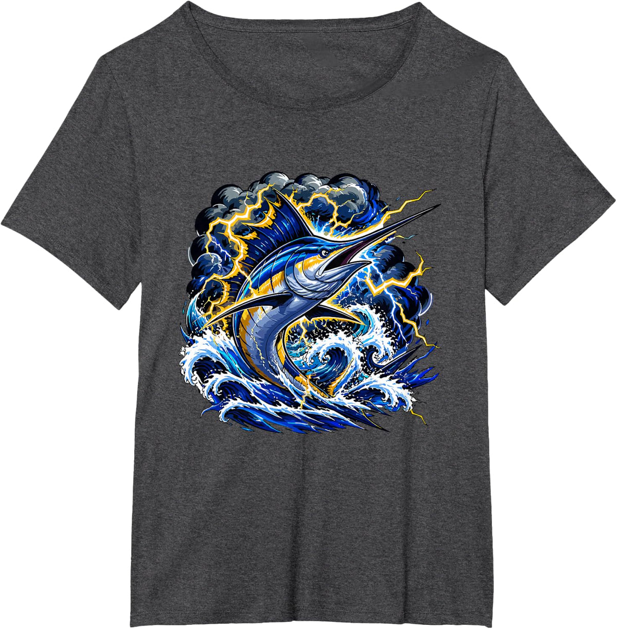Blue Marlin Lightning Storm Offshore Fishing T-Shirt - Dark Heather Grey