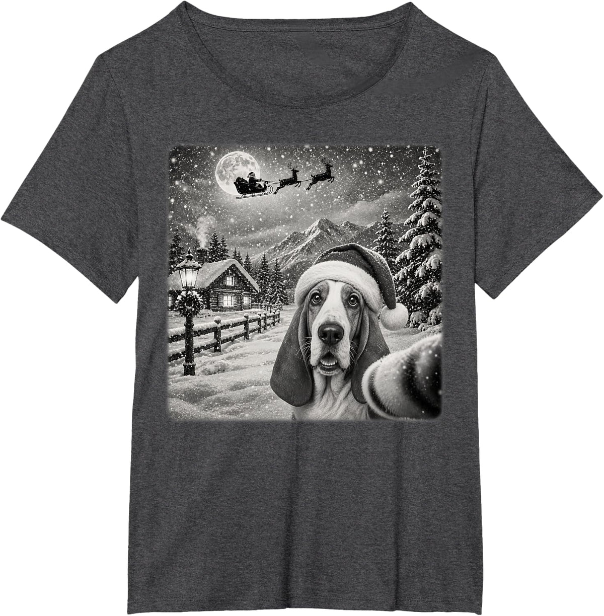 Xmas Moon Night Santa Sleigh Basset Hound Dog Christmas T-Shirt - Dark Heather Grey