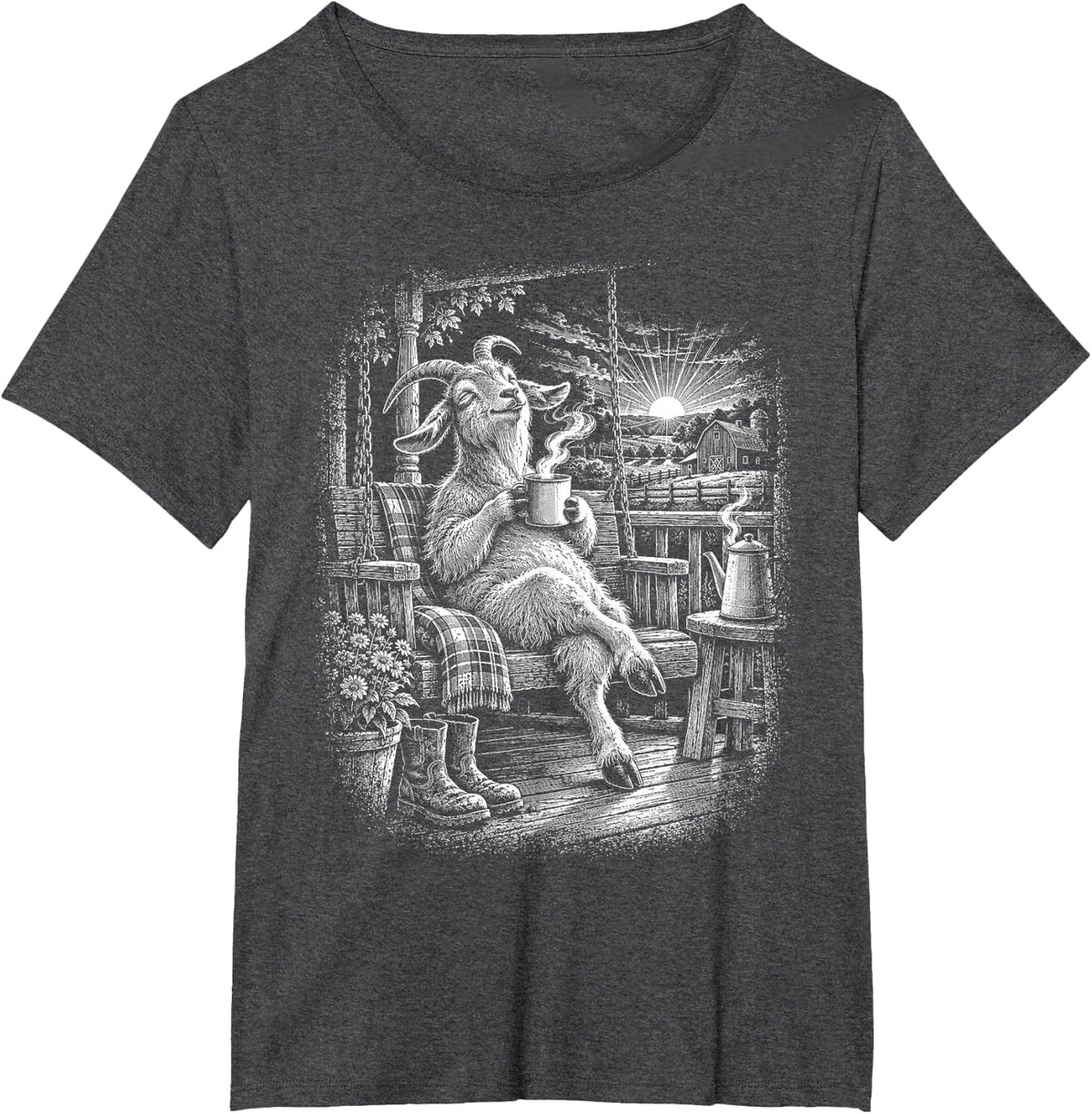 Funny Goat Coffee Lover Porch Swing Farmhouse Morning T-Shirt - Dark Heather Grey
