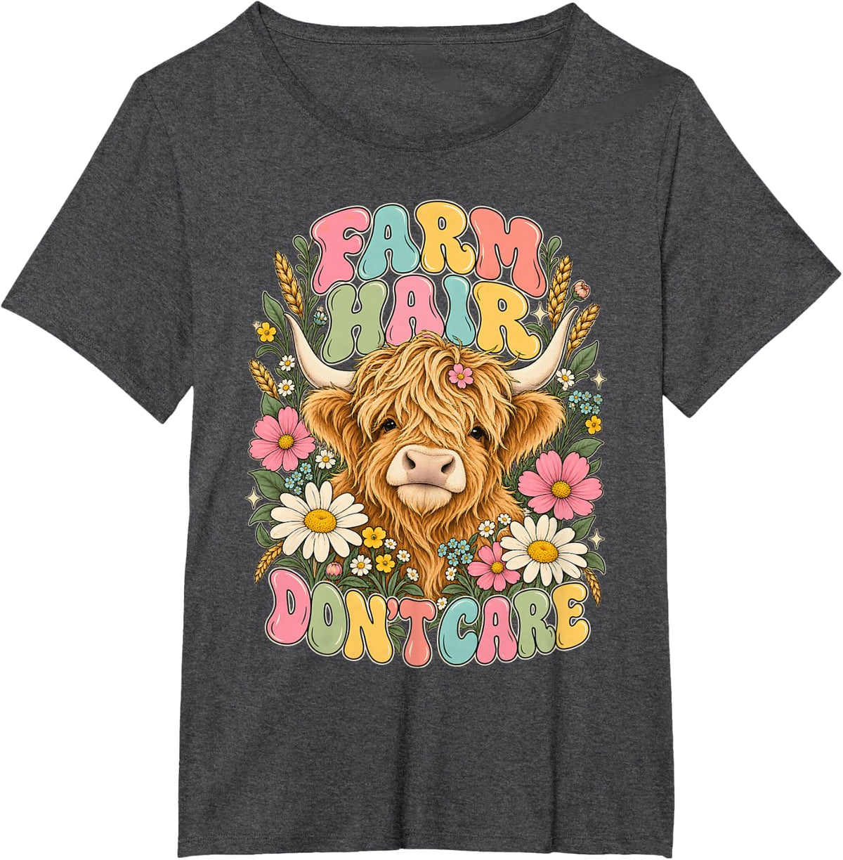 Highland Cow Farm Life Farm Hair Don't Care Floral T-Shirt - Dark Heather Grey