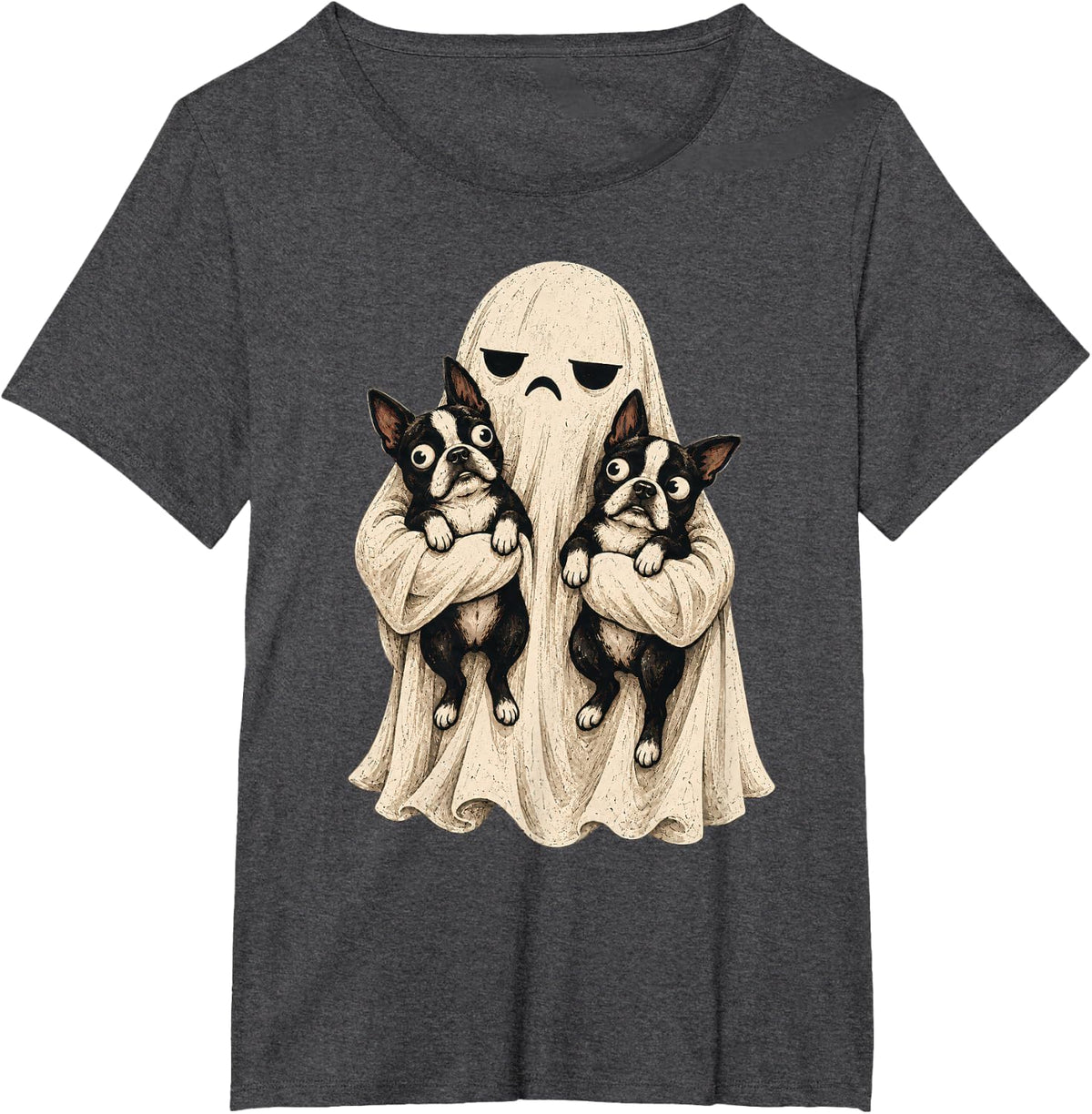 Grumpy Ghost Boston Terrier Twins Brother Spooky Halloween T-Shirt - Dark Heather Grey