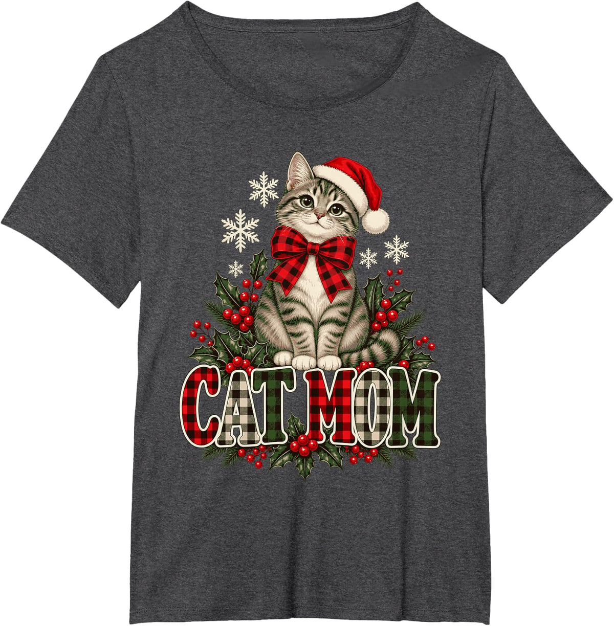 Christmas Kitten Santa Hat Plaid Bow T-Shirt - Dark Heather Grey
