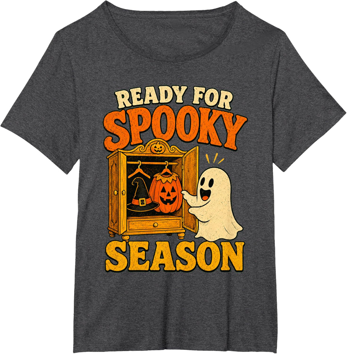Funny Halloween Ready for Spooky Season Ghost Pumpkin T-Shirt - Dark Heather Grey