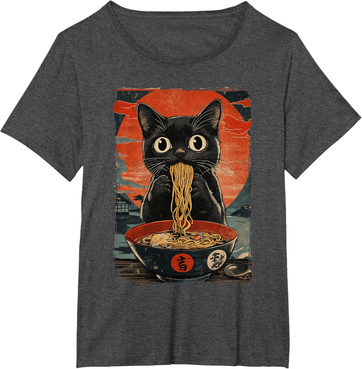 Black Cat Eating Ramen Vintage T-Shirt - Dark Heather Grey