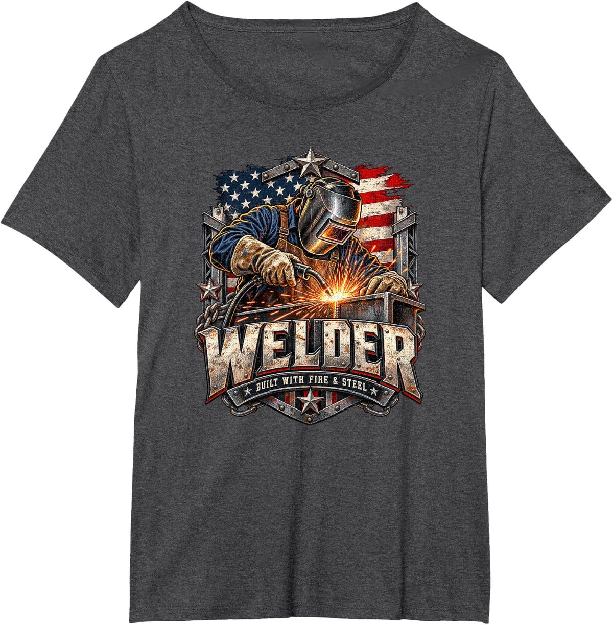 Welder Built with Fire Steel American Flag Fabrication T-Shirt - Dark Heather Grey