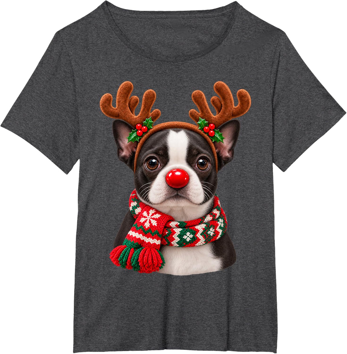 Christmas Boston Terrier Reindeer Dog Lover Boston Terrier T-Shirt - Dark Heather Grey