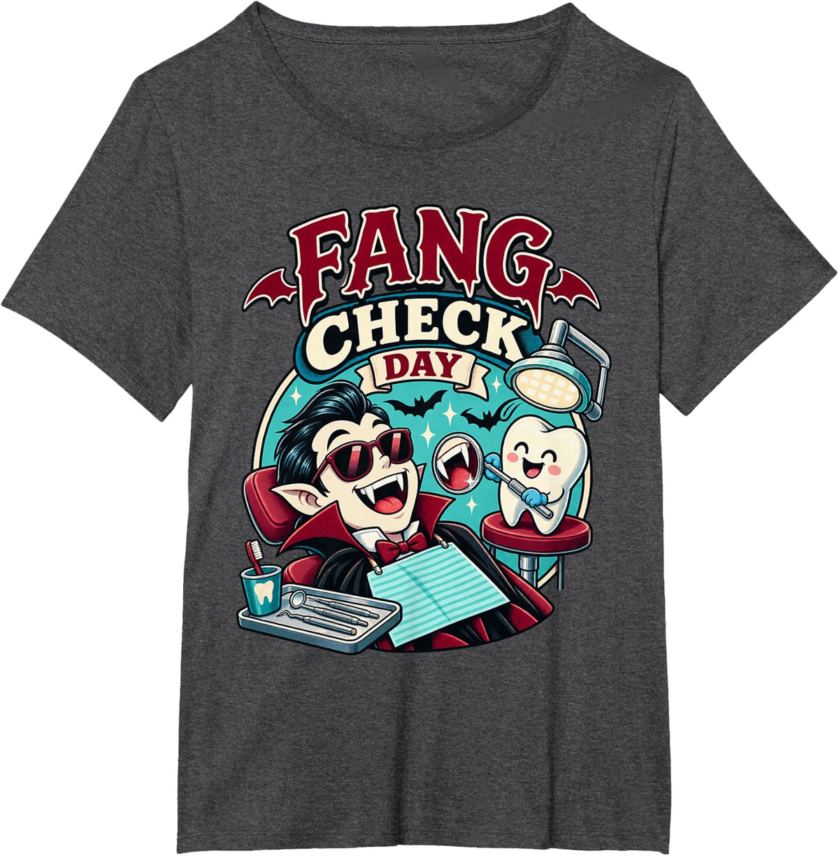 Fang Check Day Halloween Dental T-Shirt - Dark Heather Grey