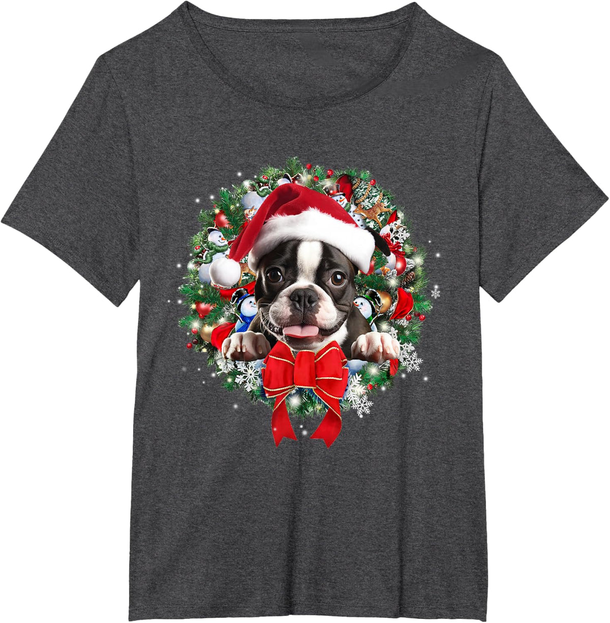Boston Terrier Christmas Wreath Decoration Xmas Pajamas T-Shirt - Dark Heather Grey