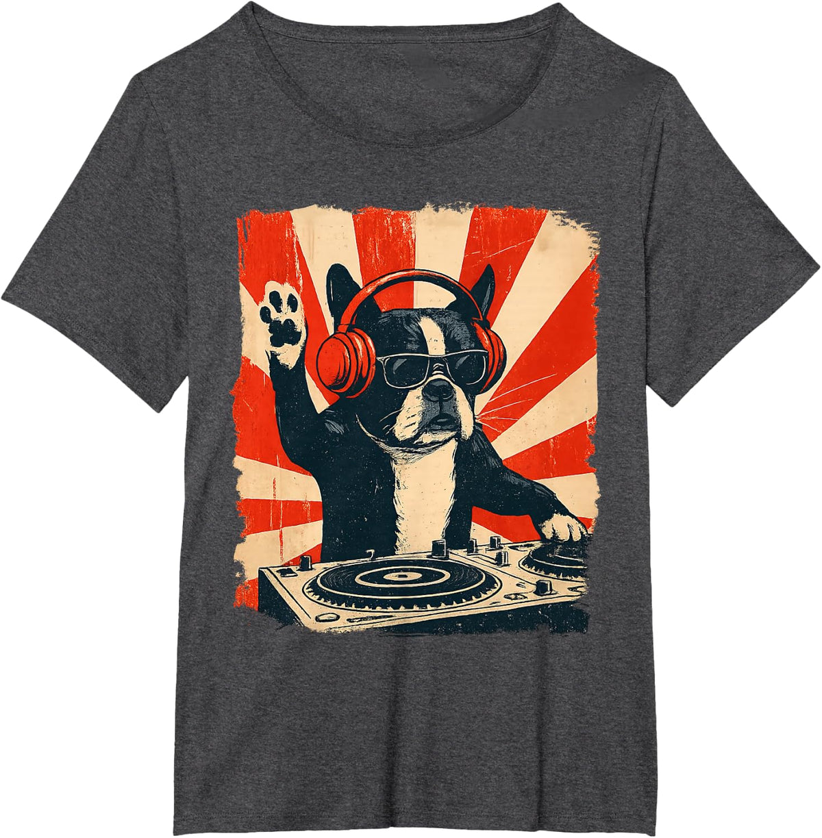 Boston Terrier DJ House Music Retro Dog Lover T-Shirt - Dark Heather Grey