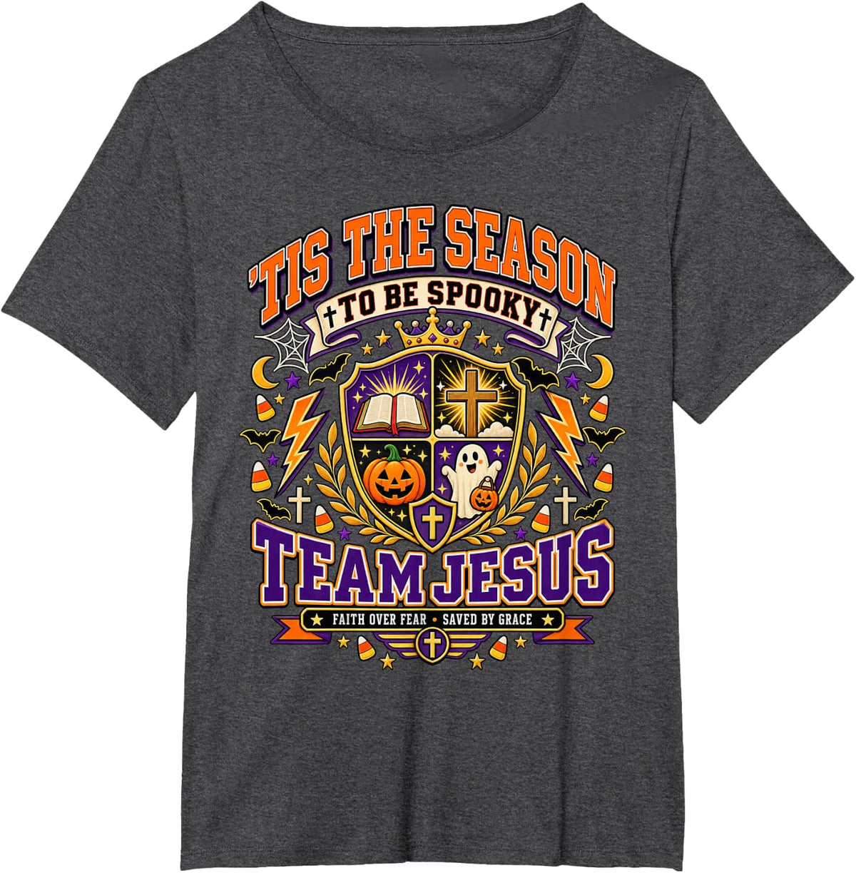 Tis The Season to Be Spooky Team Jesus Halloween Faith T-Shirt - Dark Heather Grey