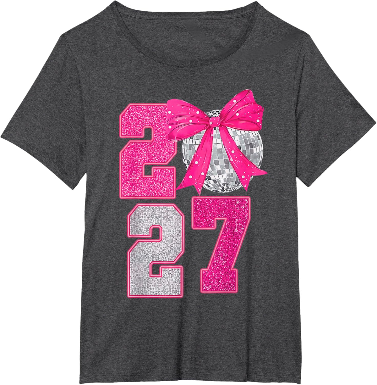 Happy New Year 2027 Disco Ball Pink Coquette Bow Family T-Shirt - Dark Heather Grey